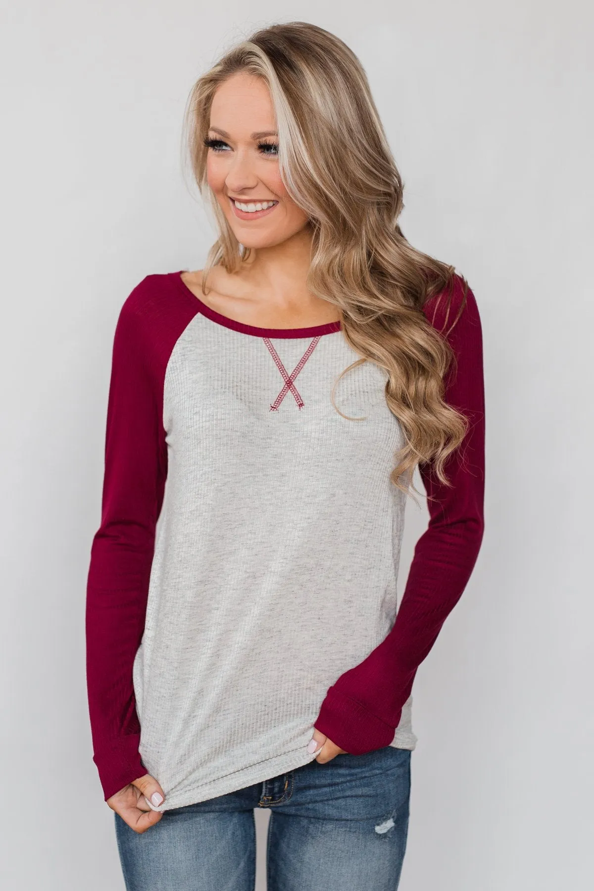 Season's Greetings Ribbed Top- Heather Grey & Maroon
