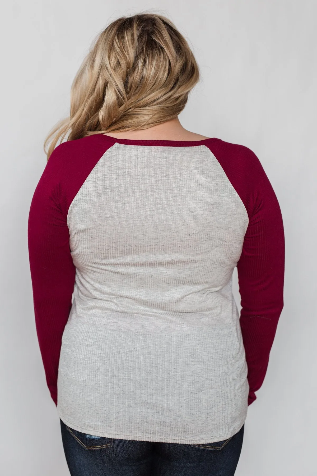 Season's Greetings Ribbed Top- Heather Grey & Maroon