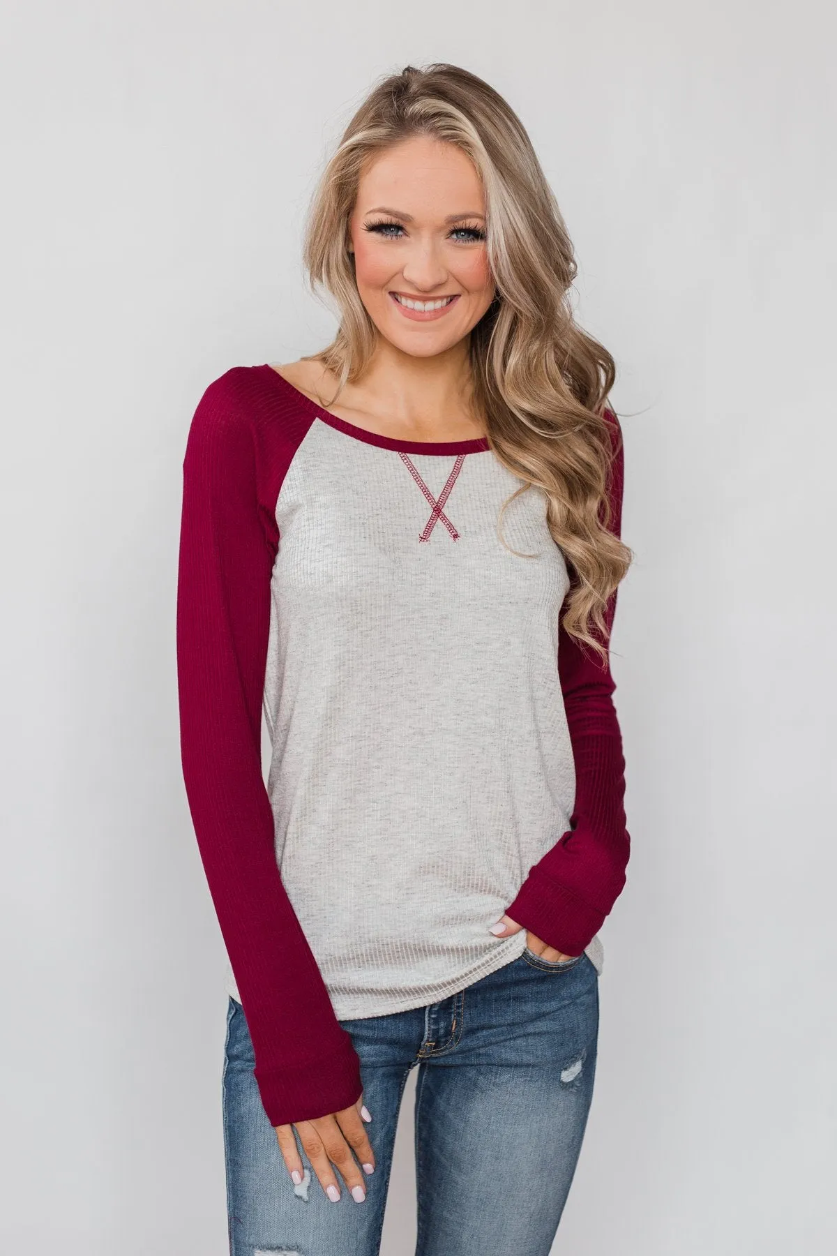 Season's Greetings Ribbed Top- Heather Grey & Maroon