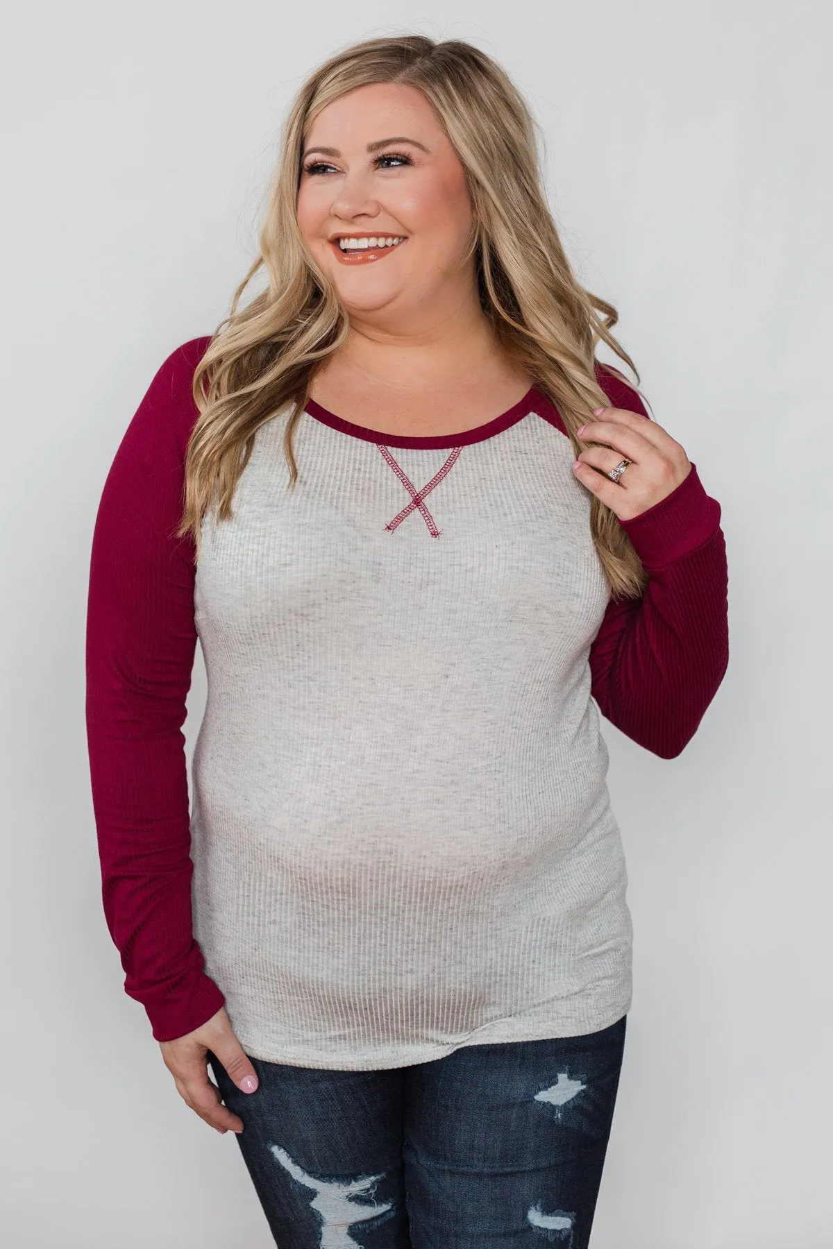 Season's Greetings Ribbed Top- Heather Grey & Maroon