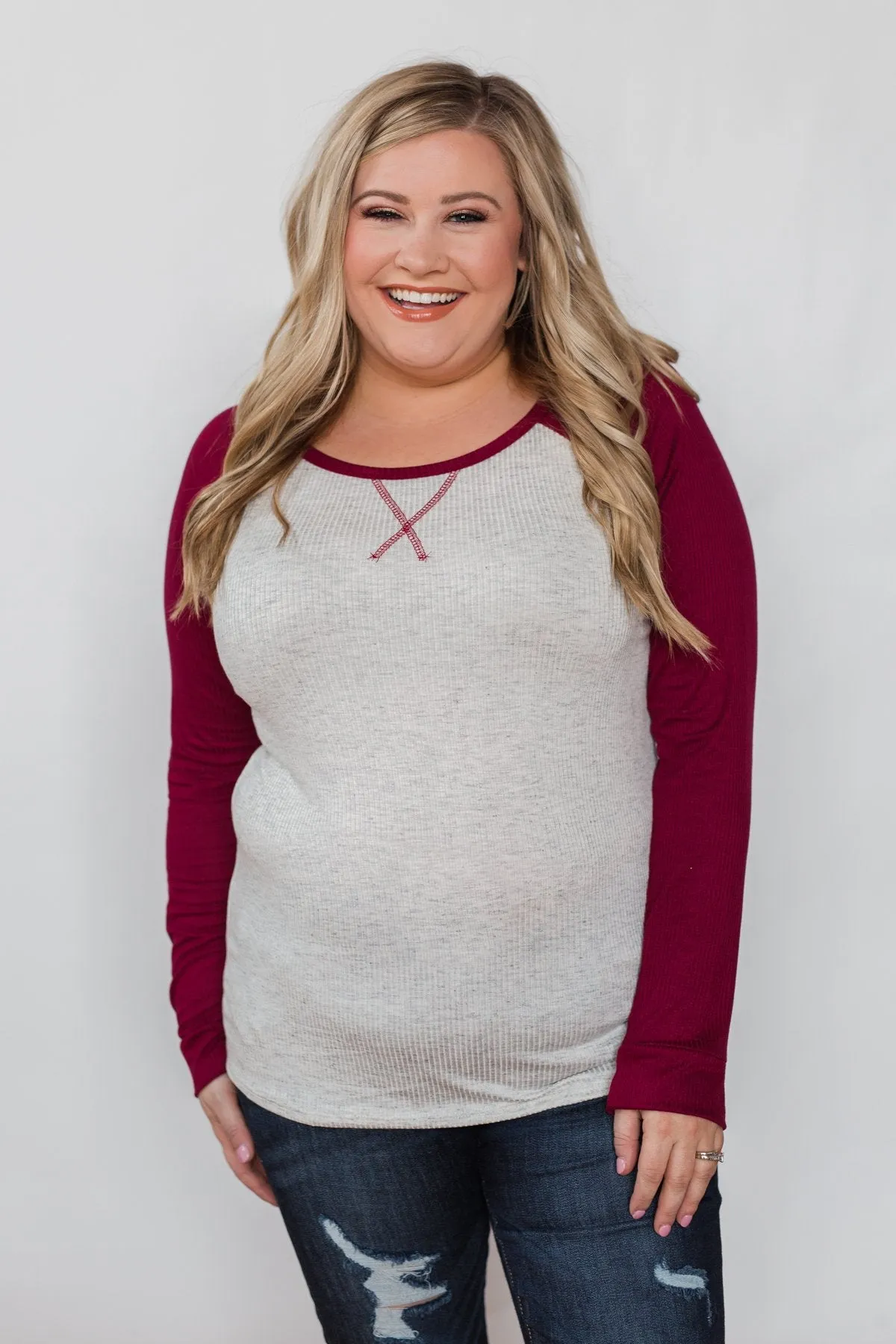 Season's Greetings Ribbed Top- Heather Grey & Maroon