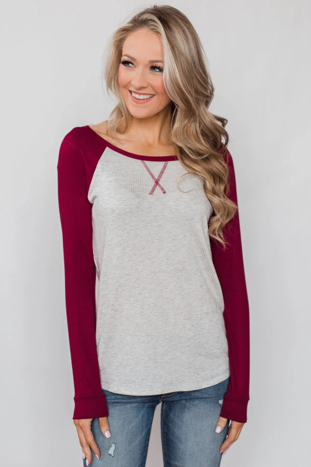 Season's Greetings Ribbed Top- Heather Grey & Maroon