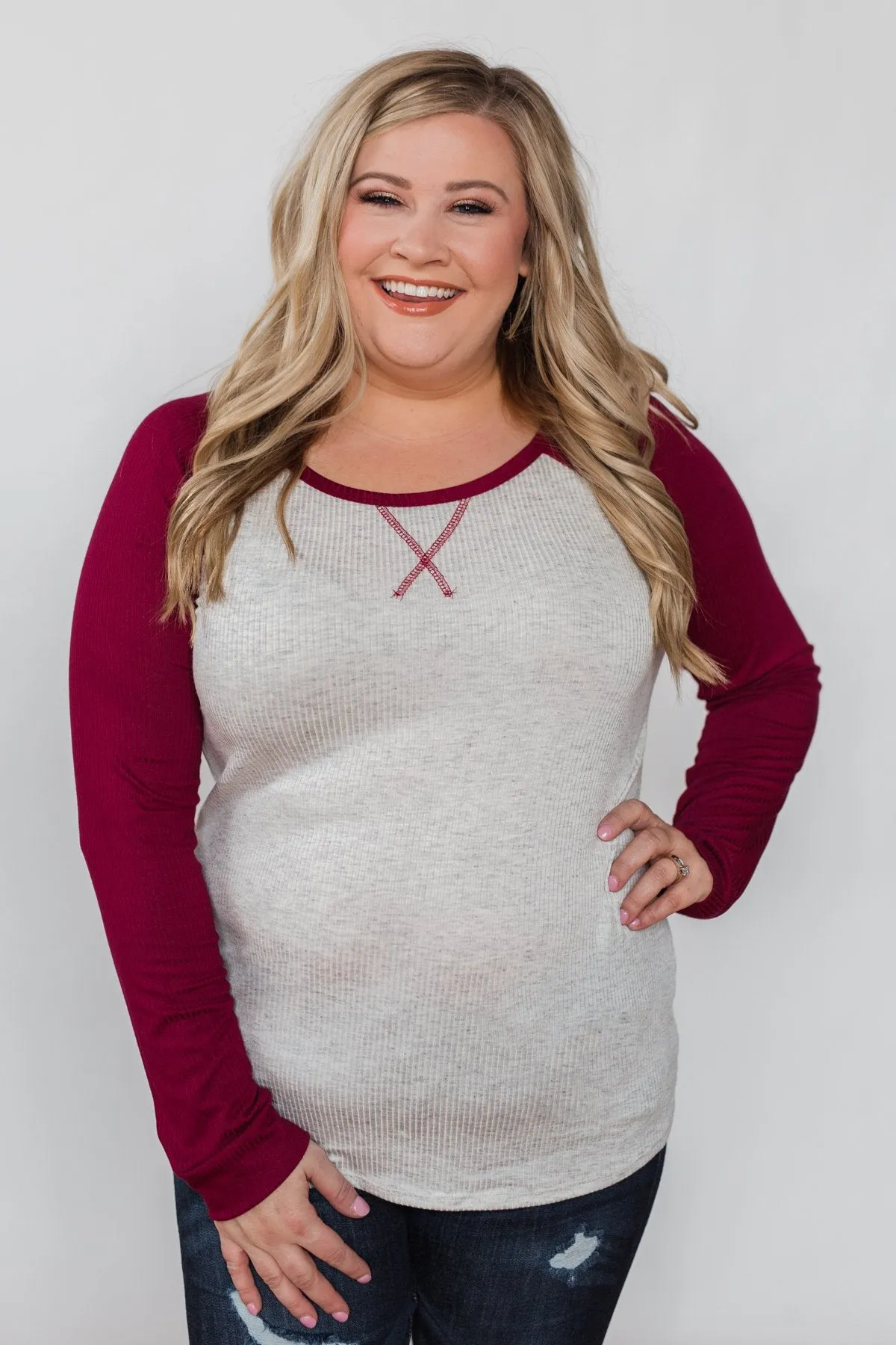 Season's Greetings Ribbed Top- Heather Grey & Maroon