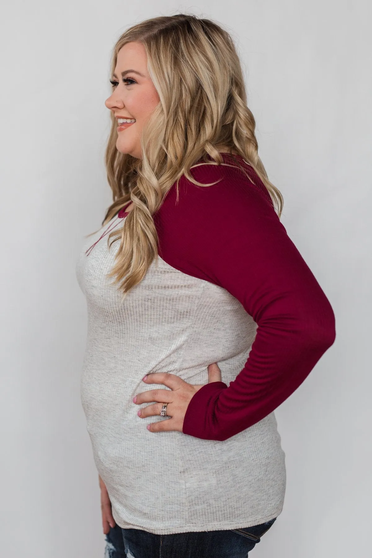 Season's Greetings Ribbed Top- Heather Grey & Maroon