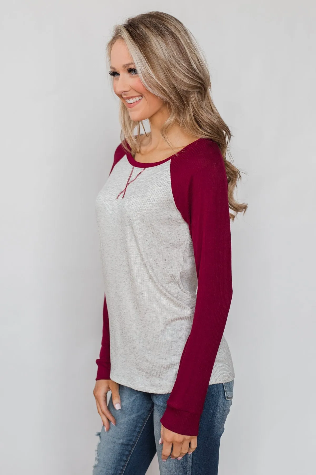 Season's Greetings Ribbed Top- Heather Grey & Maroon