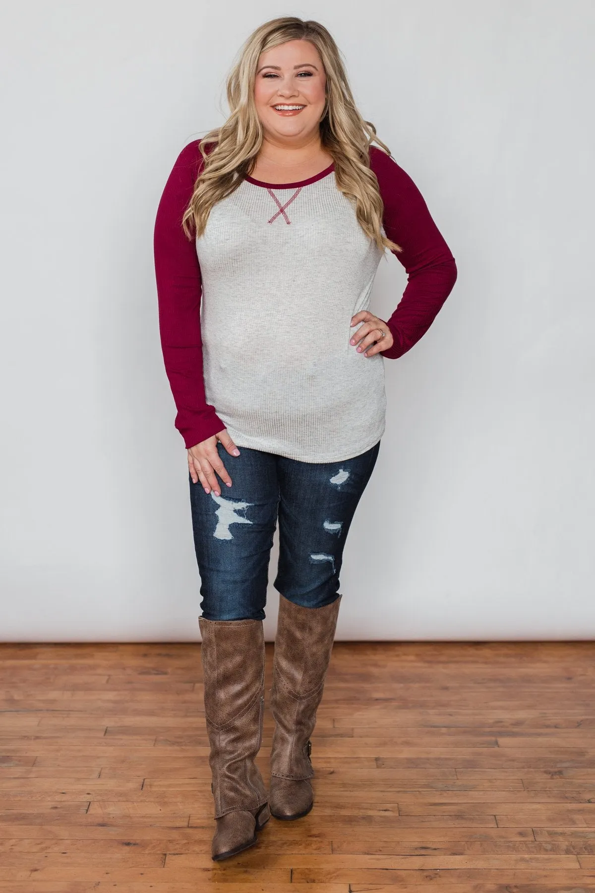 Season's Greetings Ribbed Top- Heather Grey & Maroon