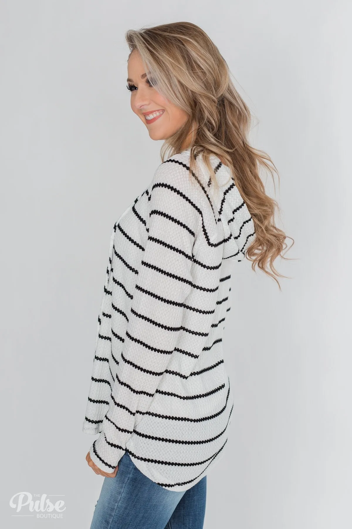 Seeing Stripes Waffle Thermal Hoodie - Black & White