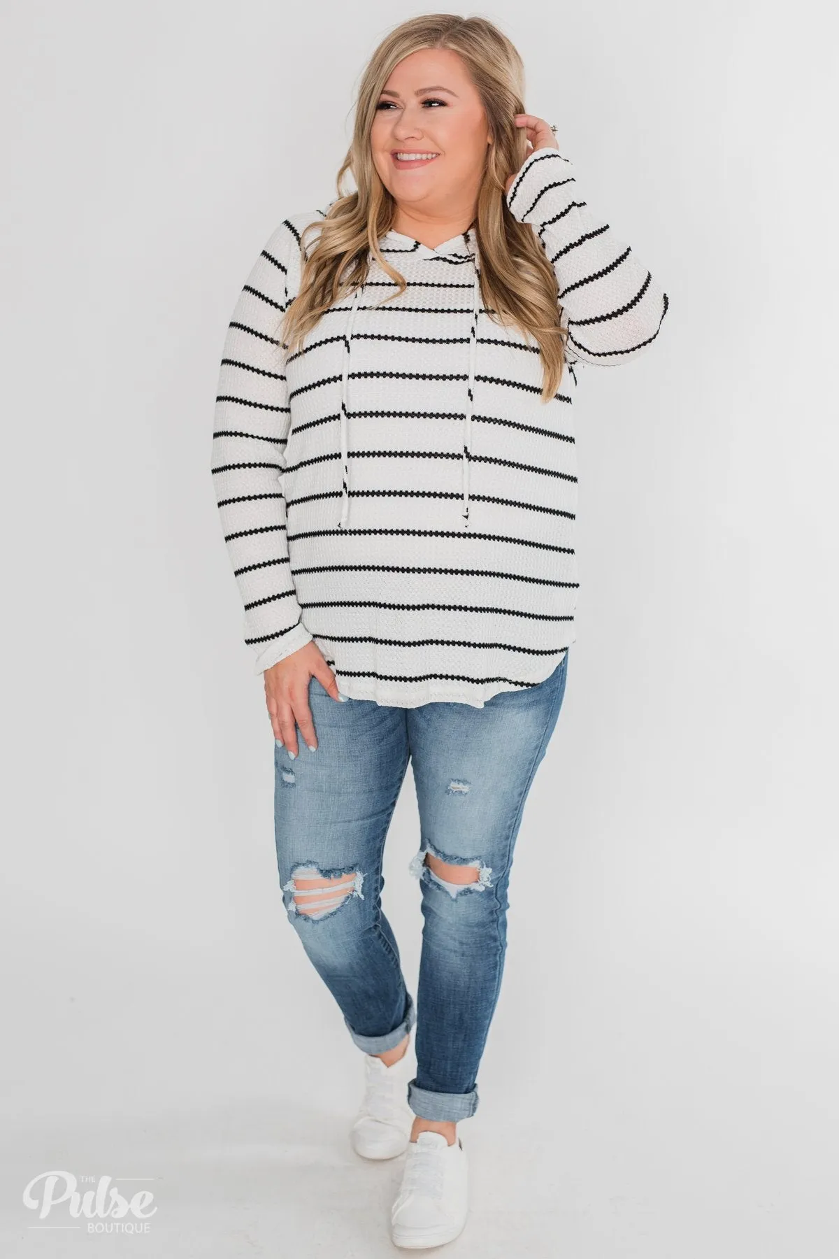 Seeing Stripes Waffle Thermal Hoodie - Black & White