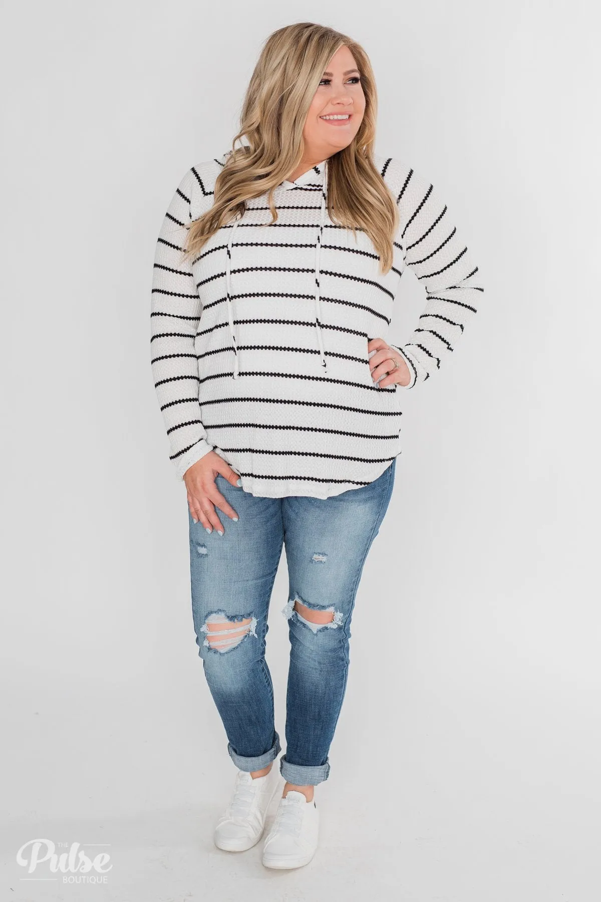 Seeing Stripes Waffle Thermal Hoodie - Black & White