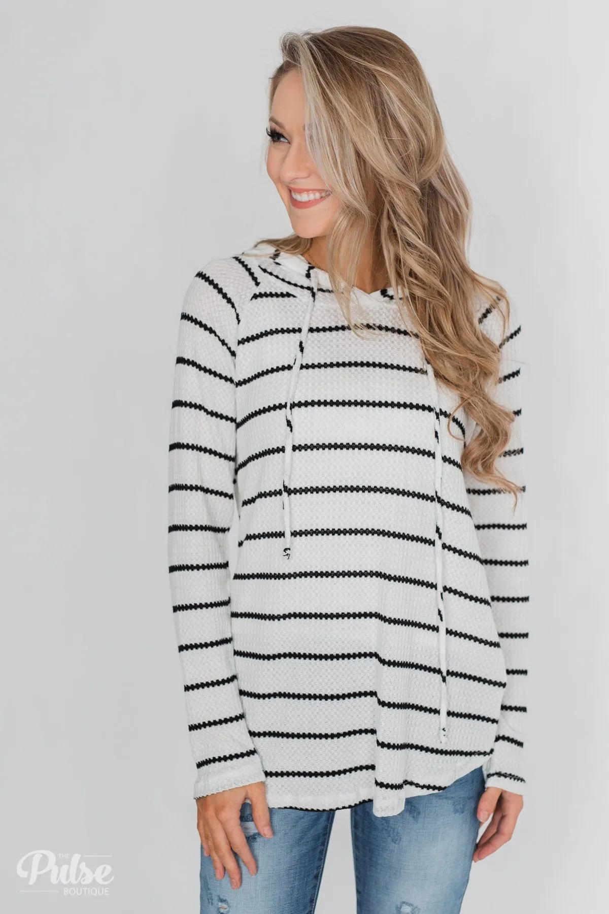 Seeing Stripes Waffle Thermal Hoodie - Black & White