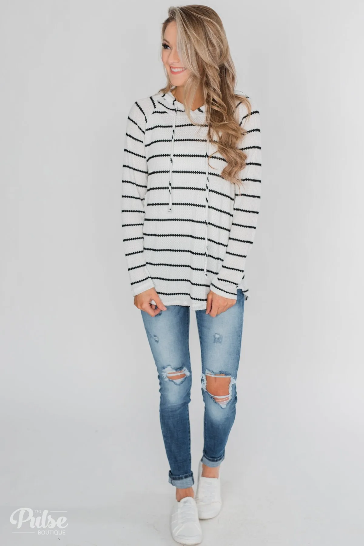 Seeing Stripes Waffle Thermal Hoodie - Black & White