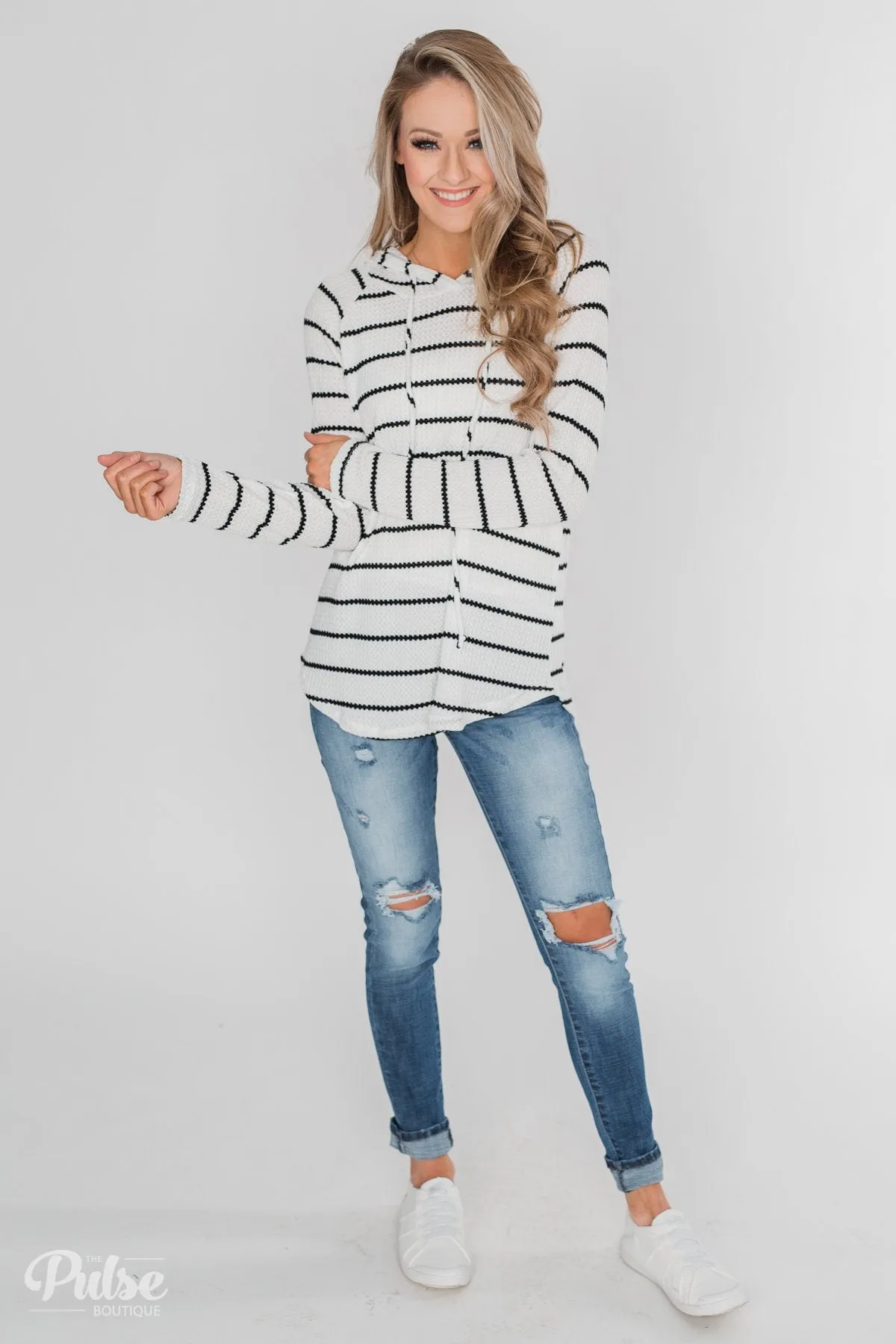 Seeing Stripes Waffle Thermal Hoodie - Black & White