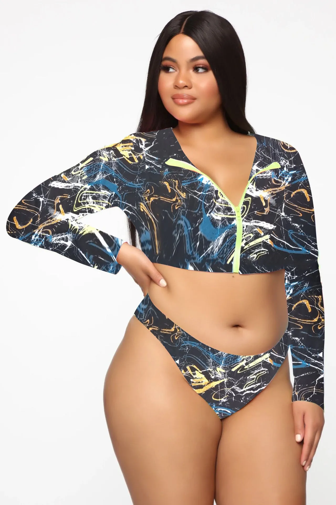 Sexy Plus Size Bikini Long Sleeve Zipper Swimsuit