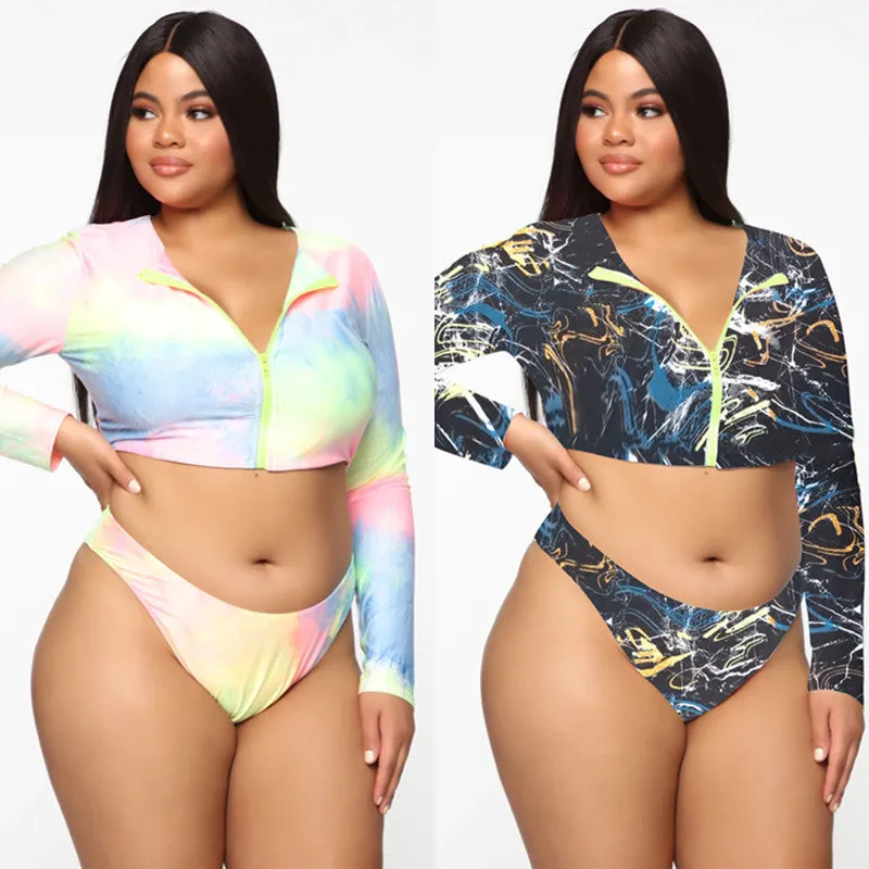 Sexy Plus Size Bikini Long Sleeve Zipper Swimsuit