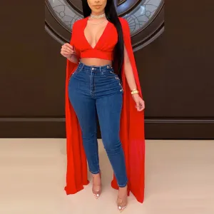 Sexy V-Neck Split Sleeve Crop Tops