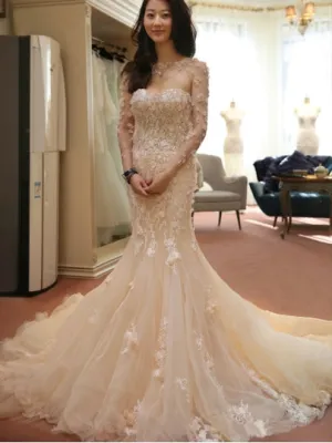 Sheer Flowers Long Sleeve Mermaid Wedding Dress
