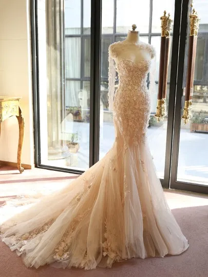 Sheer Flowers Long Sleeve Mermaid Wedding Dress