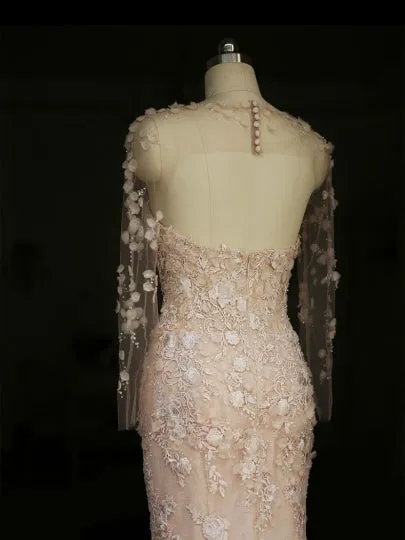 Sheer Flowers Long Sleeve Mermaid Wedding Dress