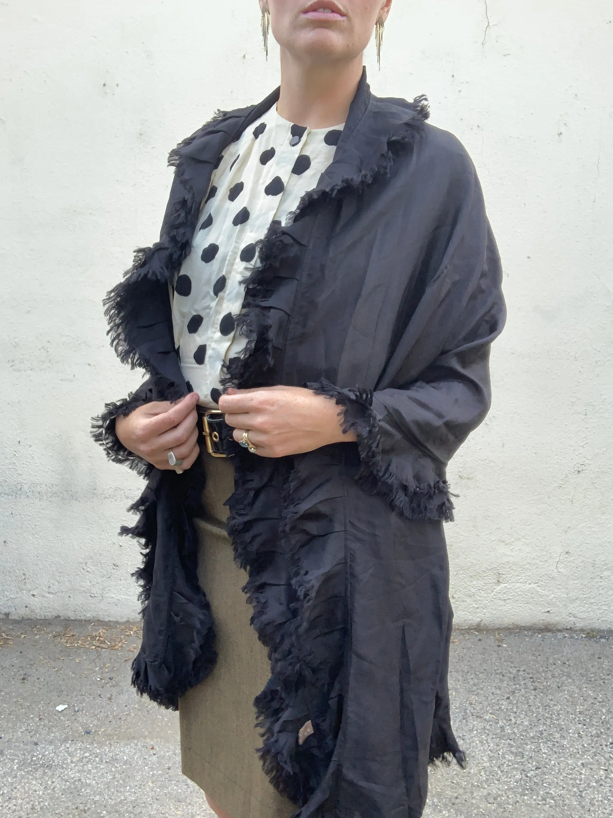 Shirleah Black Silk Shawl with Ruffled Edge