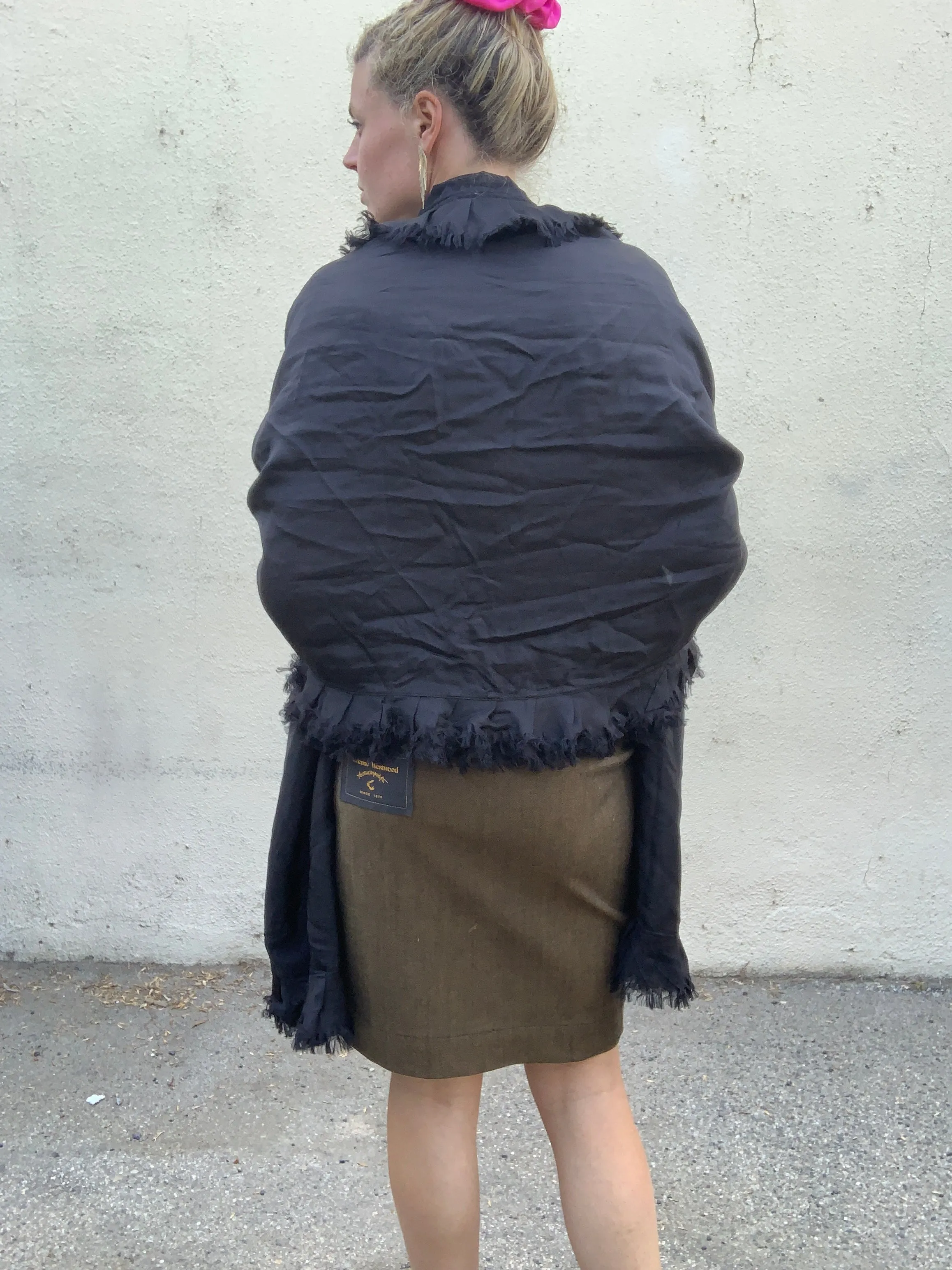 Shirleah Black Silk Shawl with Ruffled Edge