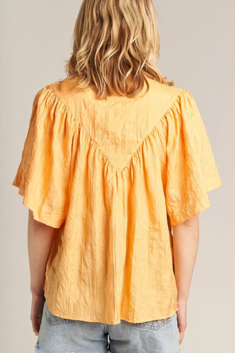 Short Sleeve Crinkled Button Down Shirt=Orange
