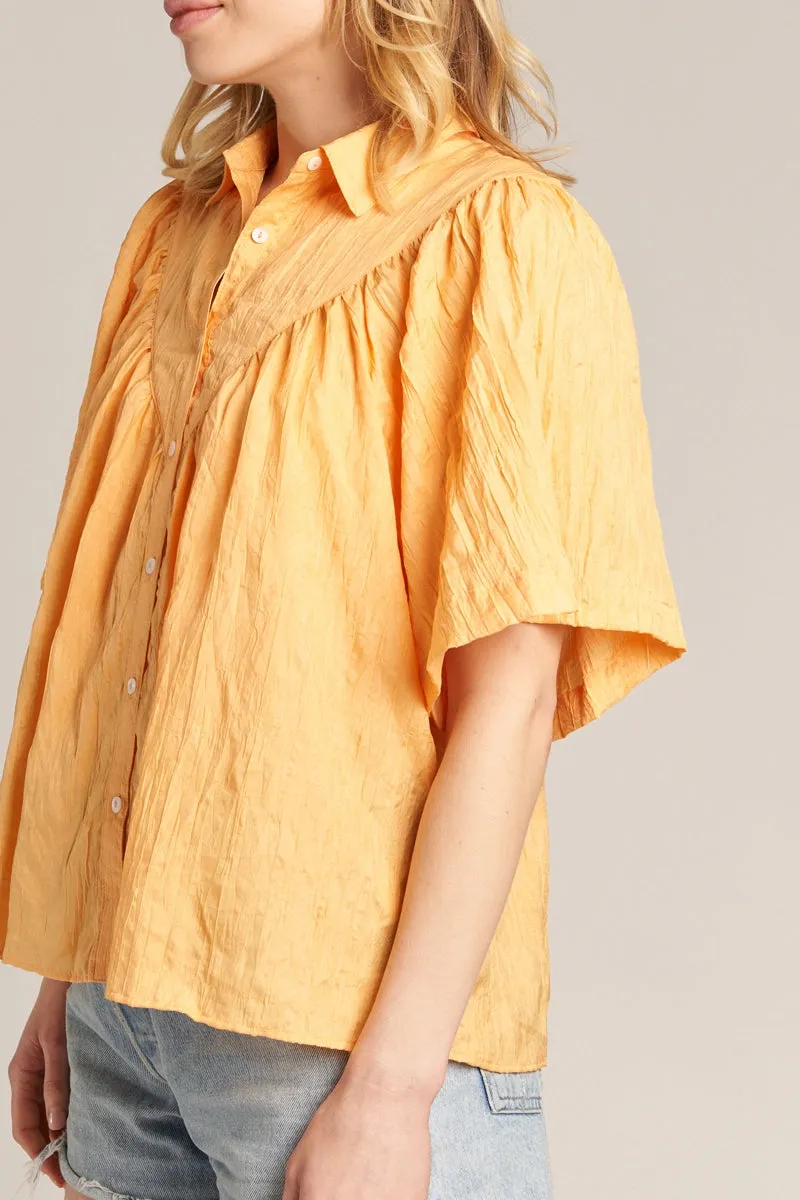 Short Sleeve Crinkled Button Down Shirt=Orange