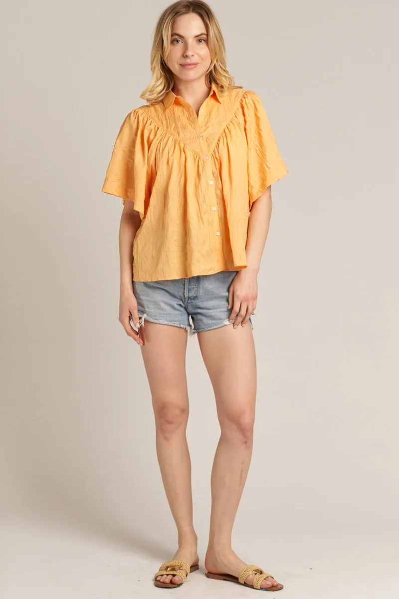 Short Sleeve Crinkled Button Down Shirt=Orange