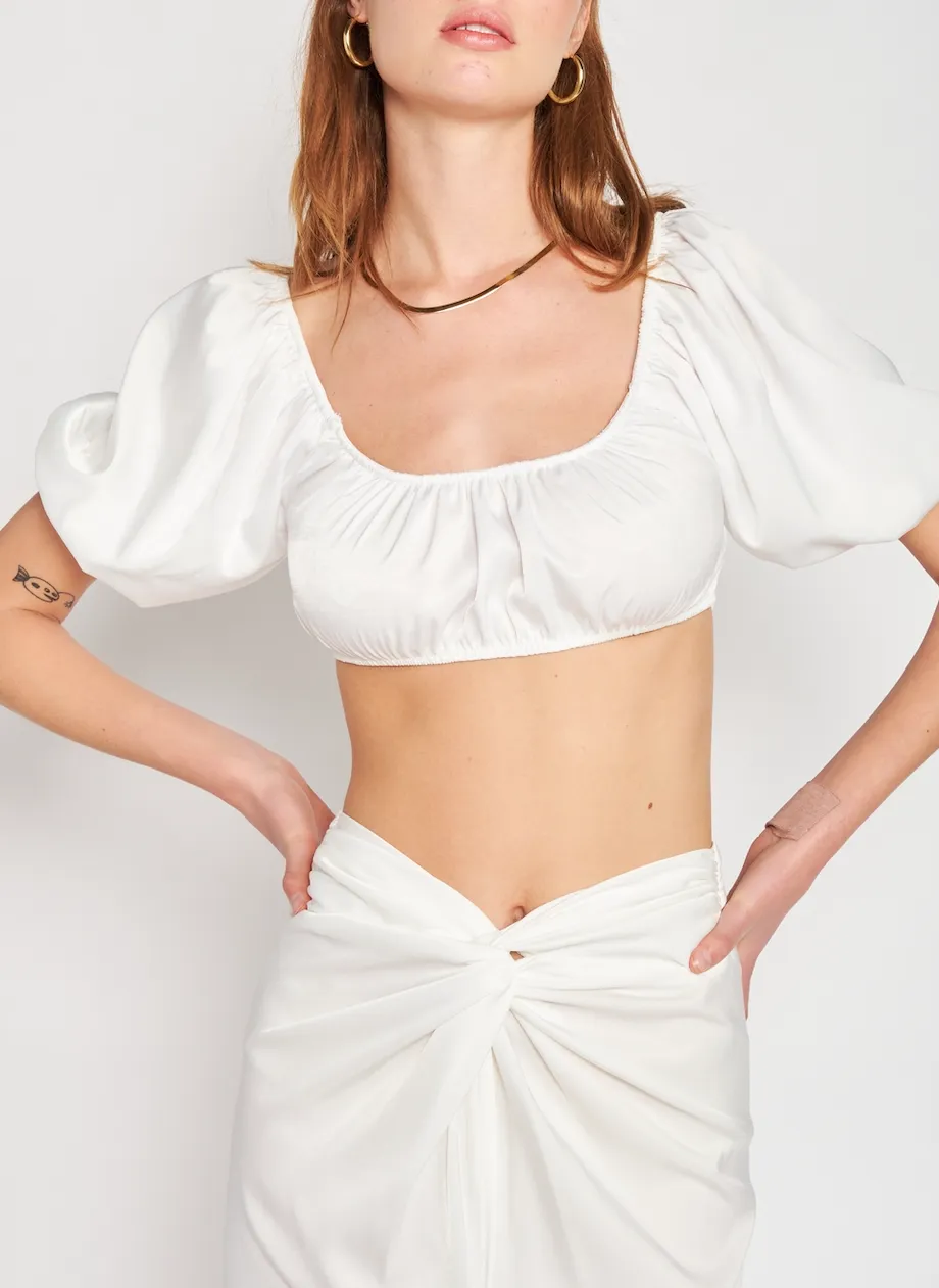 Short Sleeve Peasant Lace Up Back Crop Top