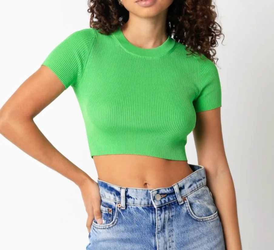 Short Sleeve Rib Knit Crew Neck