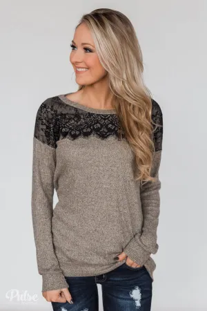 Show Stopper Black Lace Top- Mocha
