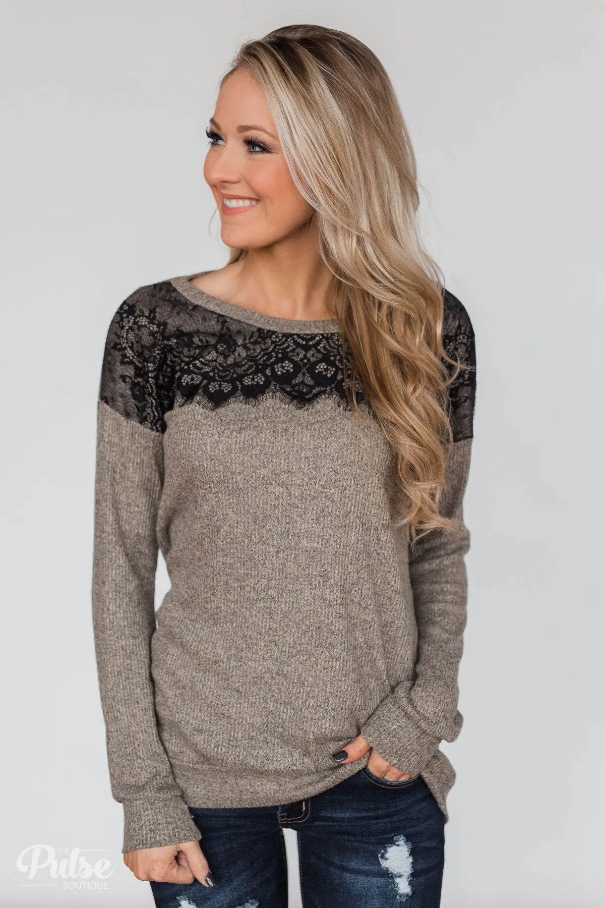 Show Stopper Black Lace Top- Mocha
