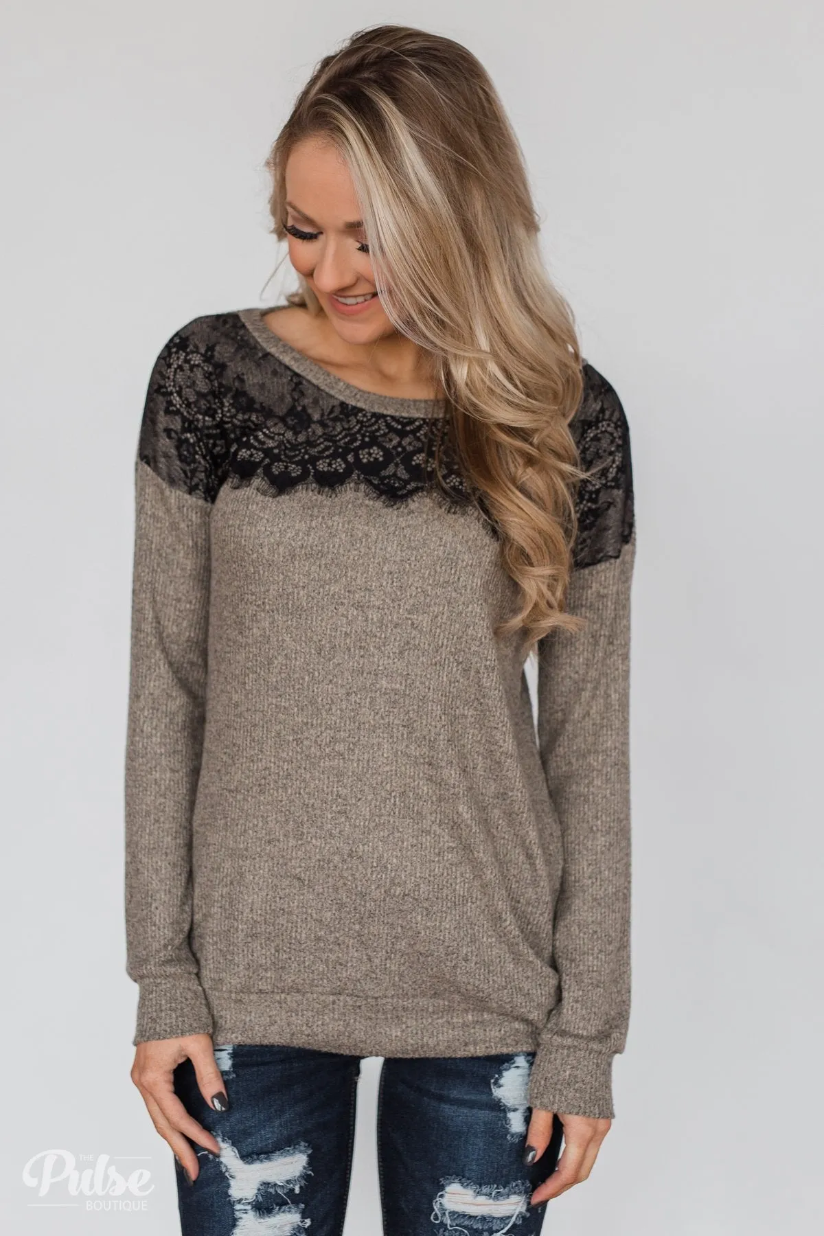 Show Stopper Black Lace Top- Mocha