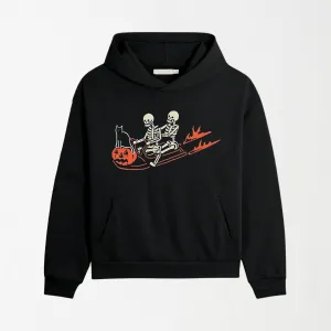 Skeleton Cat Pumpkin Sleigh Halloween - Black Graphic Hoodie