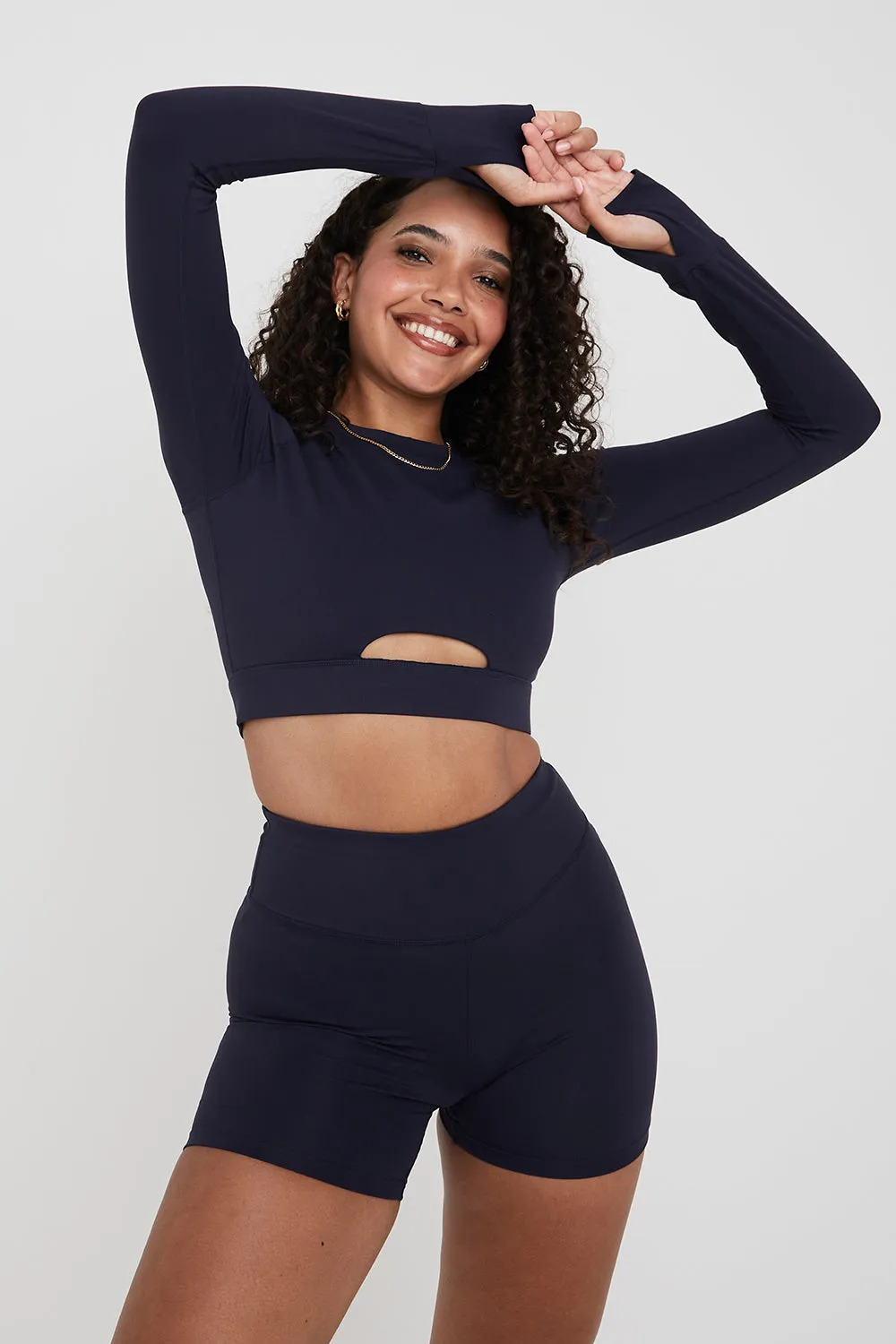 SKINLUXE LONG SLEEVE CROP KEYHOLE TOP - NAVY