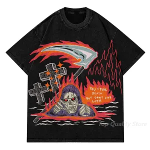 Skull Print Oversized Men T-shirt Gothic New American Street