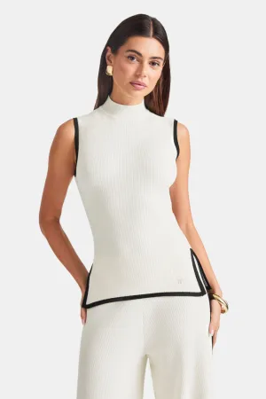 SLEEVELESS MOCK NECK RIBBED KNIT TANK - BUTTERMILK AND BLACK