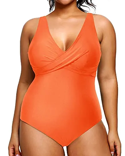 Slimming Twist Front Cross Plus Size Swimsuit For Women-Orange