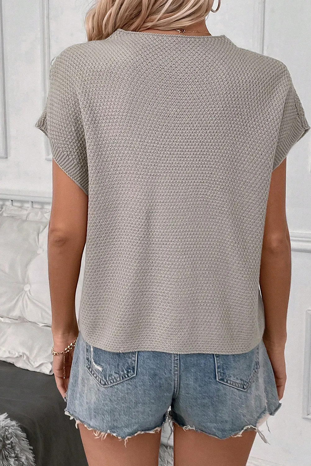Smoke Gray Contrast Patch Pocket Knit Short Sleeve Top