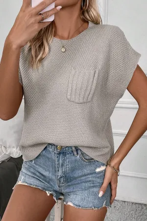 Smoke Gray Contrast Patch Pocket Knit Short Sleeve Top