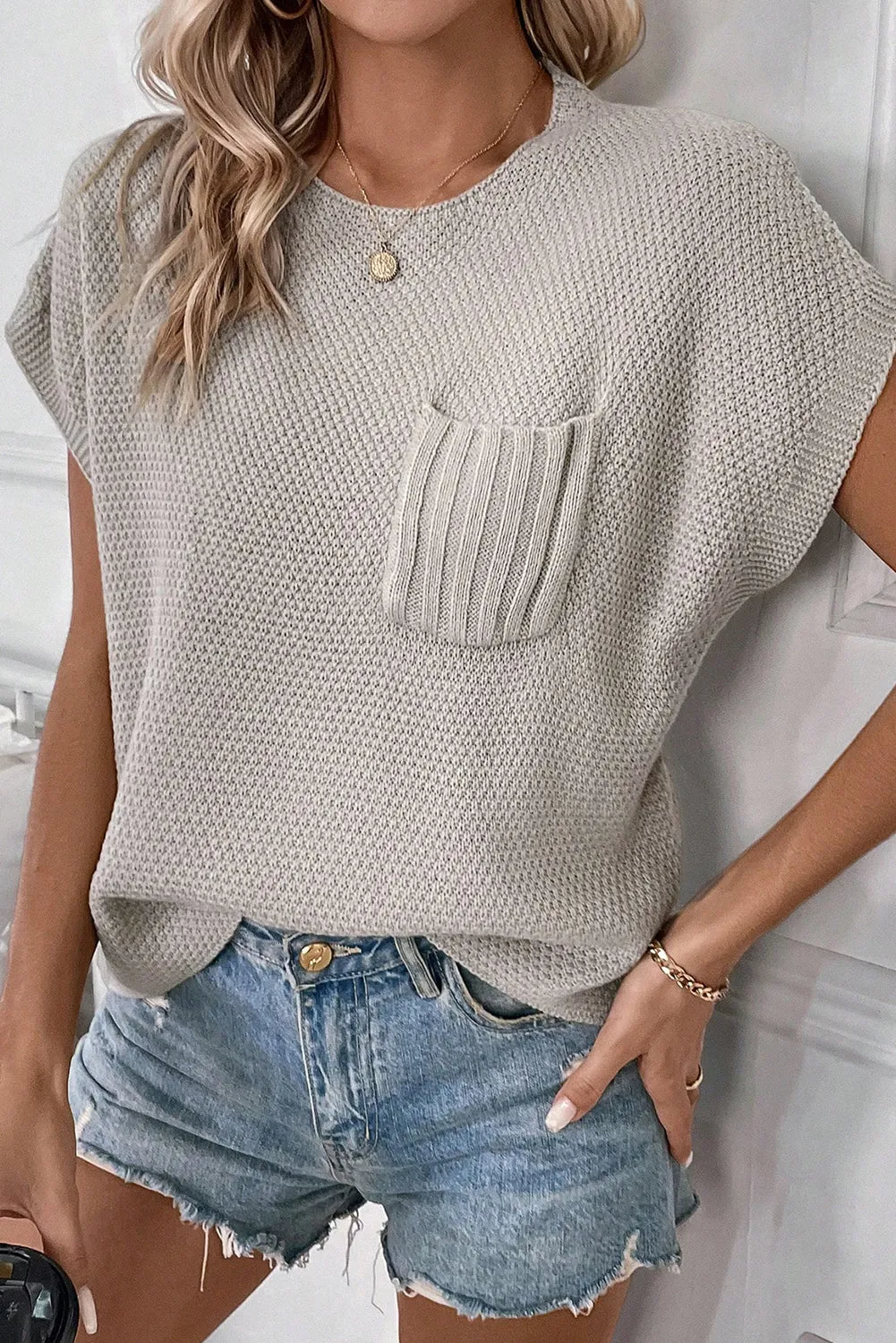 Smoke Gray Contrast Patch Pocket Knit Short Sleeve Top