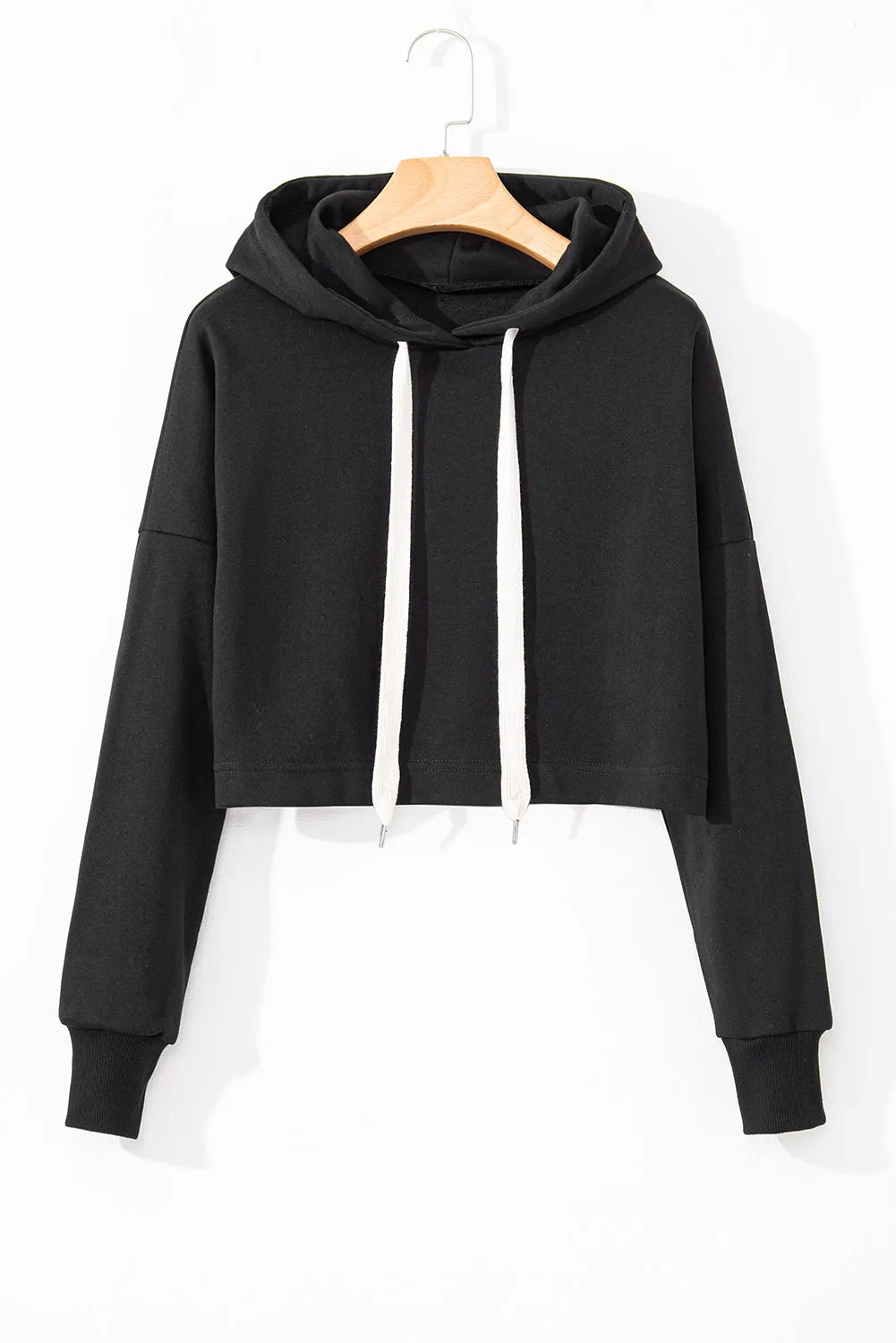 Solid Drop Shoulder Cropped Hoodie