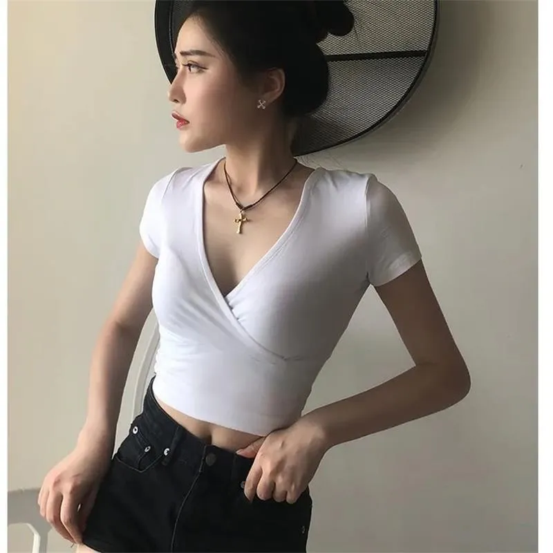 Solid V-Neck Short Sleeve Crop Top