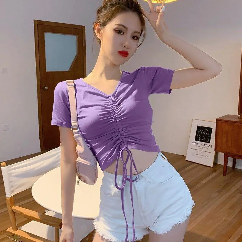 Solid V-Neck Short Sleeve Crop Top