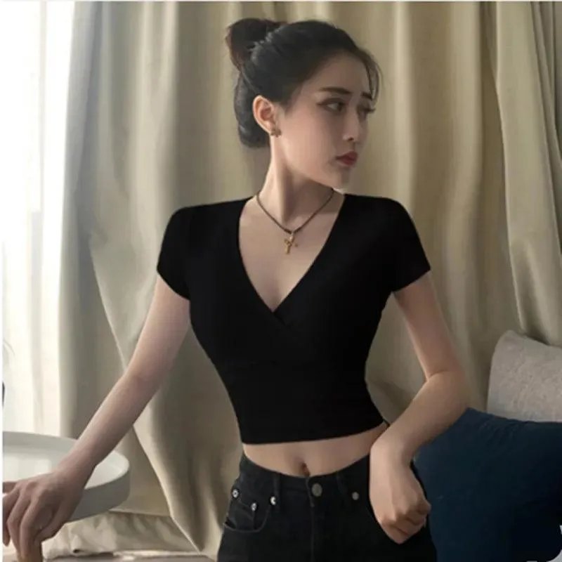 Solid V-Neck Short Sleeve Crop Top