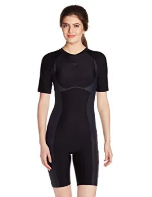 Speedo Women's Swimwear Essential Spliced Kneesuit (810391A729_Black, Oxide Grey and Black_40)