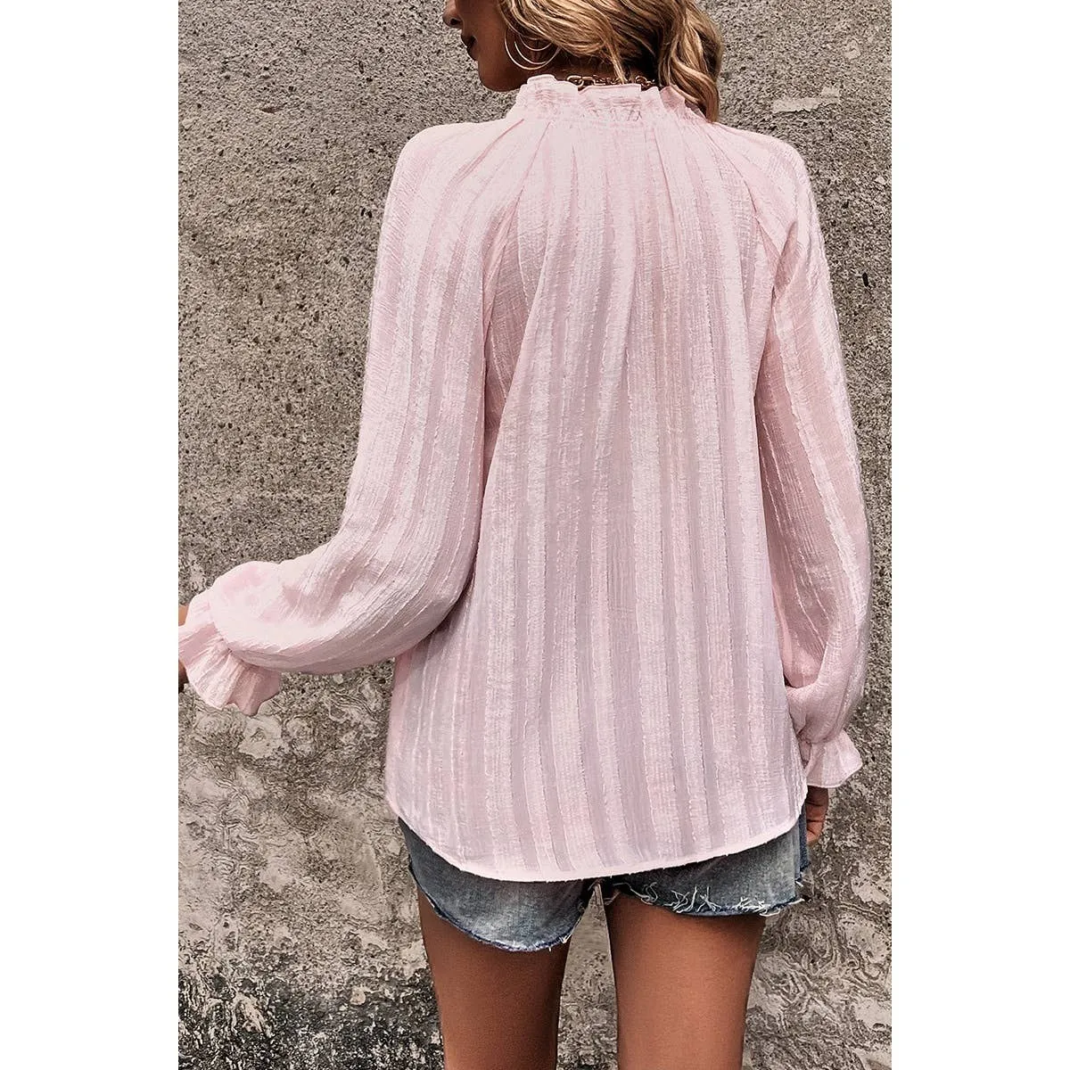Stacie V Neck Ruffle Sleeve Solid Blouse