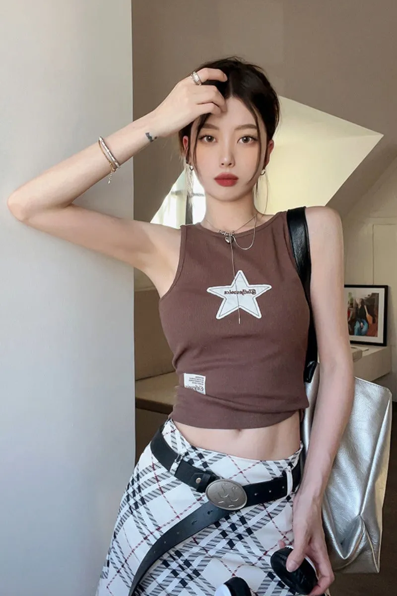 Star Patchwork Rib Cropped Tank Top