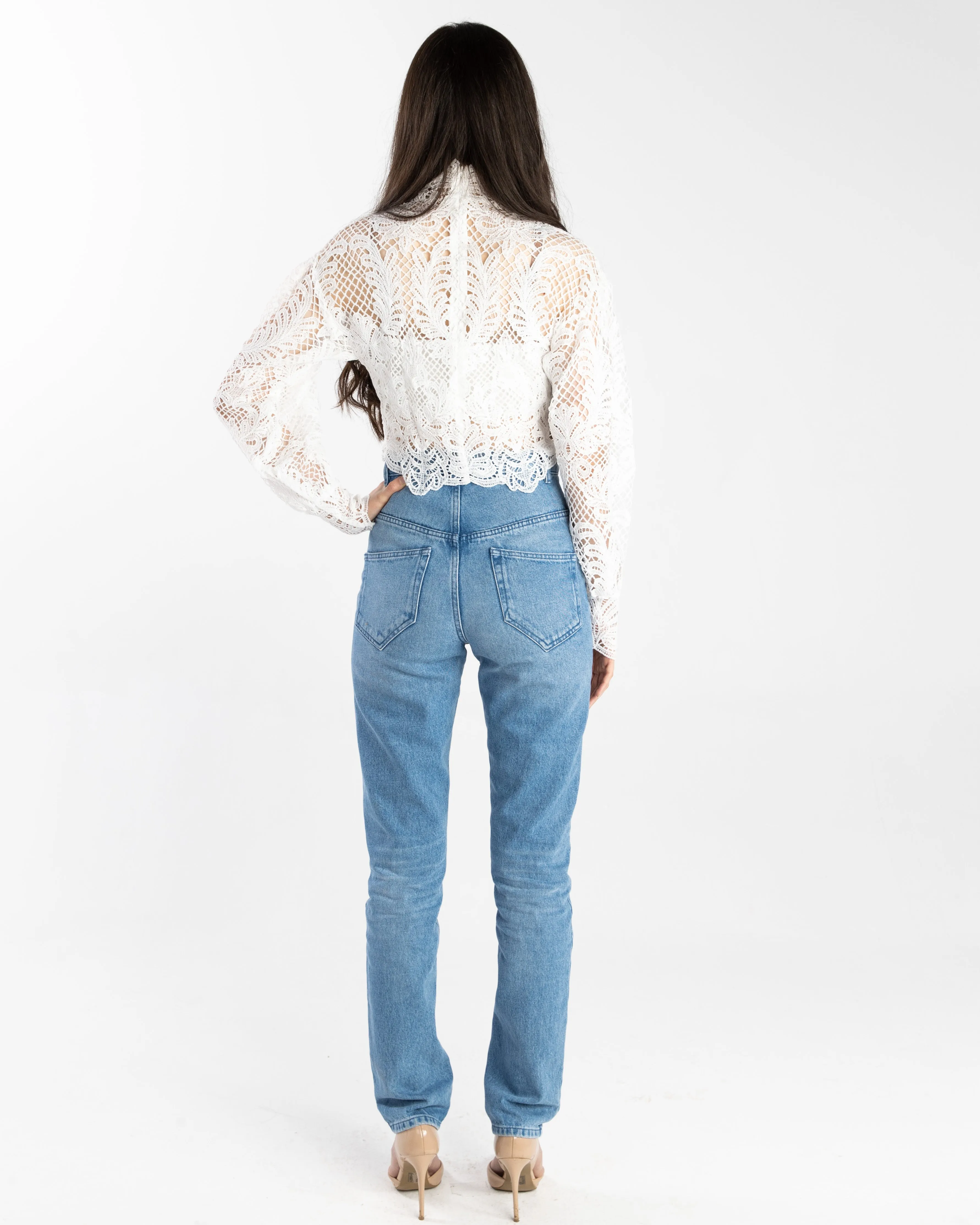 Stella High Neck Lace Crop Top White