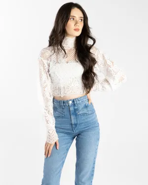 Stella High Neck Lace Crop Top White