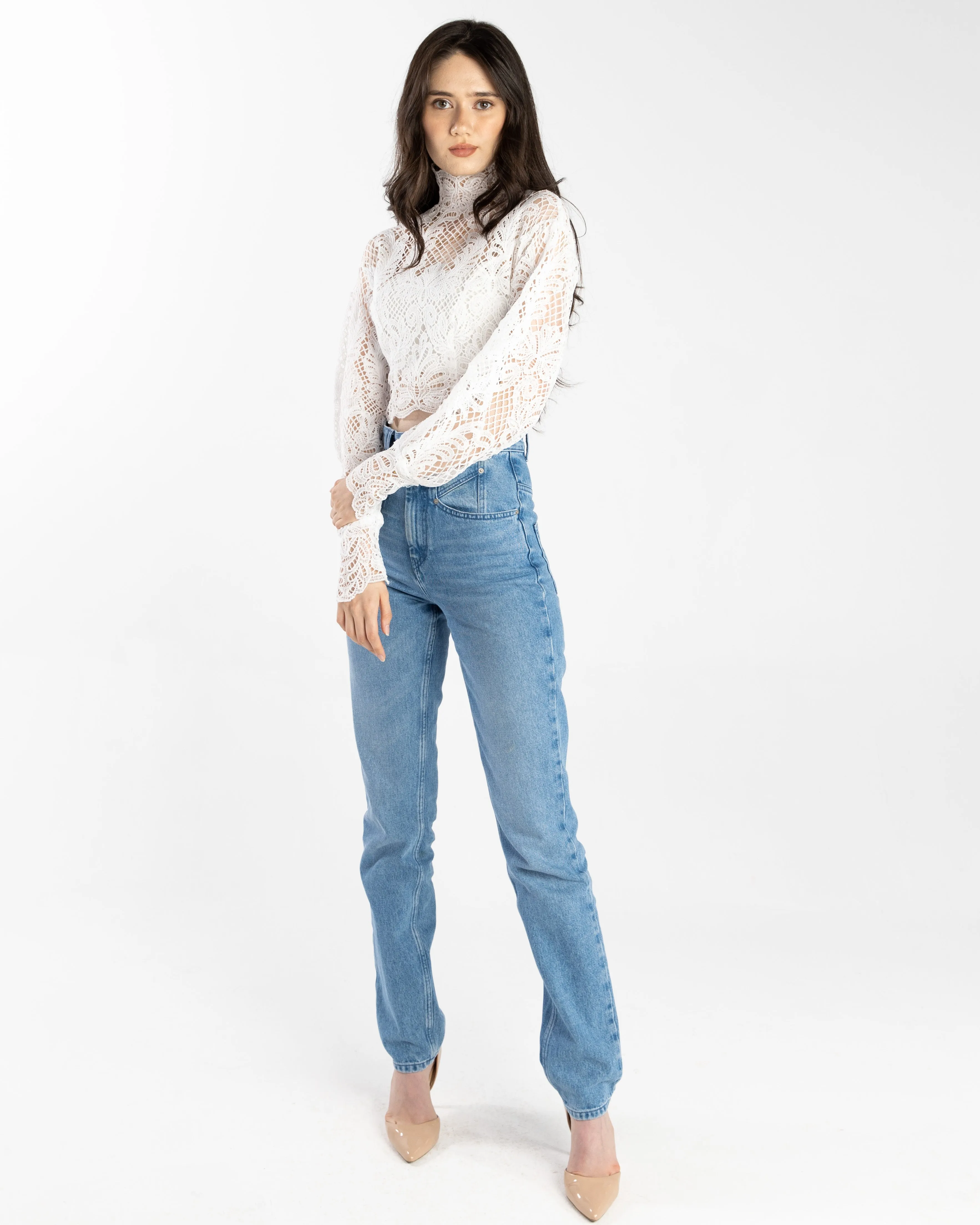 Stella High Neck Lace Crop Top White